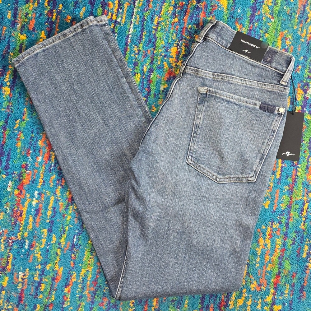 NWT 7 For All‎ Mankind The Straight Jeans Estate Blue Stretch Denim Mens 31x34
